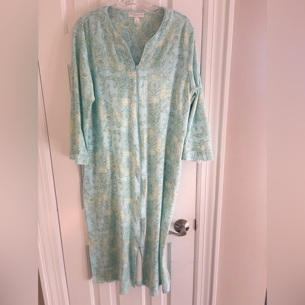 MISS ELAINE  Zip Front Robe  Paisley Aqua Nightgown  Sz PL